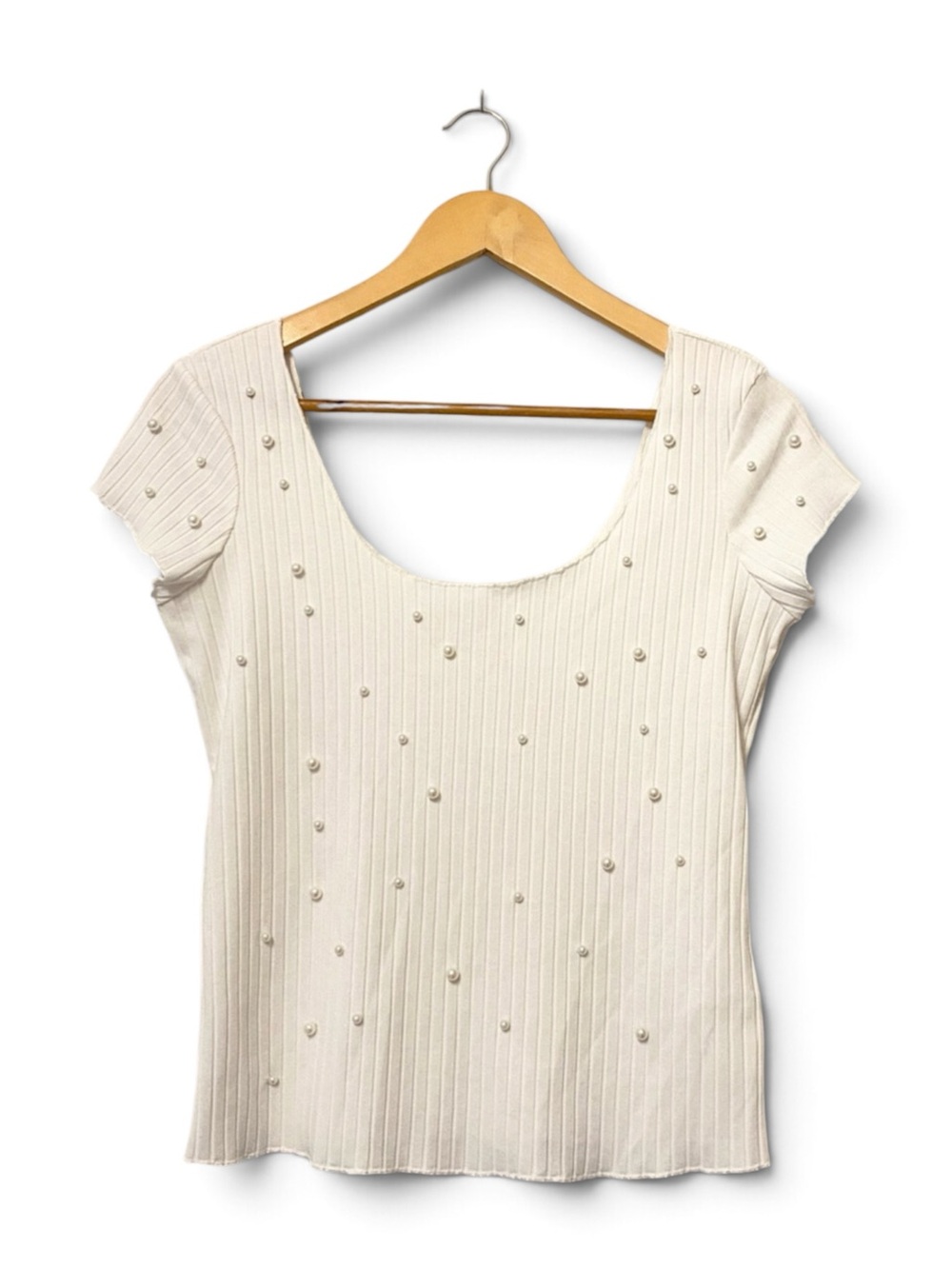 Dex Pearl Embellished Ribbed Knit Scoop Neck Top White Medium
